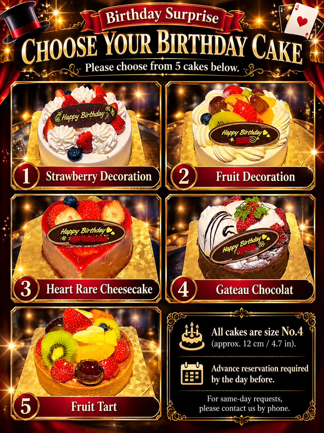 Five birthday cake options for birthday surprise at Magic Bar ELEVEN Osaka